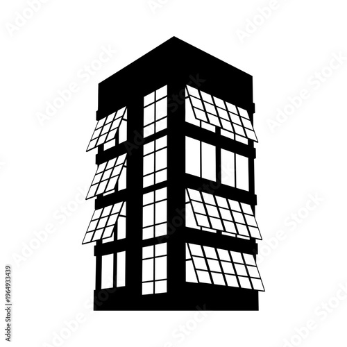 Silhouette of a Building Facade with Integrated Photovoltaic Solar Windows for Green Energy