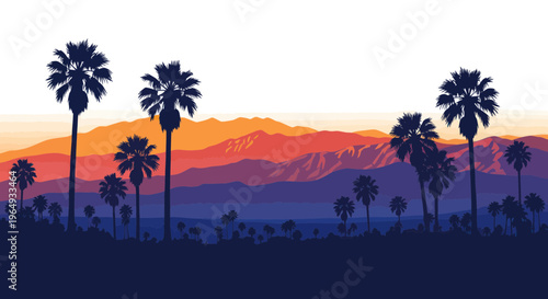 Palm Trees Silhouette Sunset Landscape with Mountains