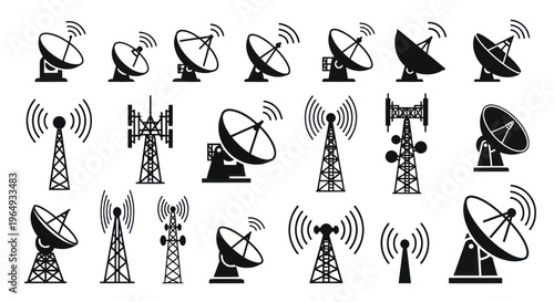 Satellite Dishes and Communication Towers Icons Set