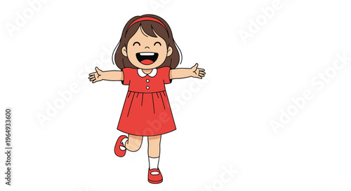 Happy little girl in a vibrant red dress and headband standing with her arms wide open and one leg up, radiating pure joy and excitement.