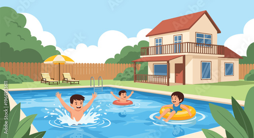 Three children playing happily in a backyard swimming pool with colorful inflatable rings next to a modern two-story house in summer.