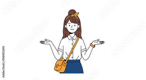 Stylish young woman with brown hair and an orange headband shrugging her shoulders and holding her hands out with an inquisitive look.
