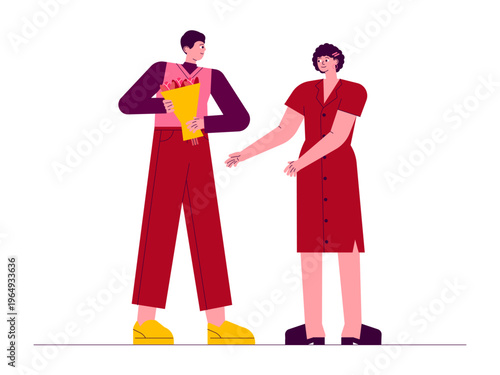 A man preparing to surprise his girlfriend with a bouquet of flowers. Romantic illustrations. Flat vector concepts.