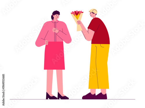 A boyfriend is gifting a bouquet of flowers to his girlfriend, making her feel happy and touched. Romantic illustrations. Flat vector concepts.