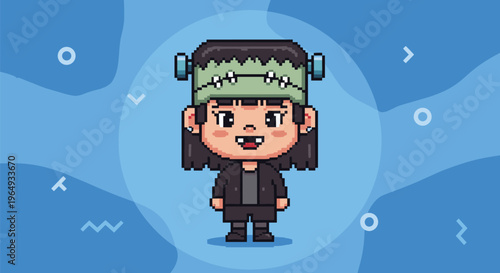 Cute pixel art illustration of a girl dressed in a Frankenstein costume with green skin and bolts, set against a blue decorative background.