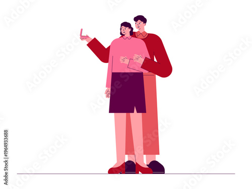 A man hugs a woman from behind while giving her a small box, possibly proposing to her. Romantic illustrations. Flat vector concepts.