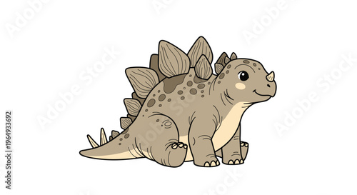 Friendly stegosaurus dinosaur illustration with large plates on its back sitting calmly on a plain white background in a cute art style.