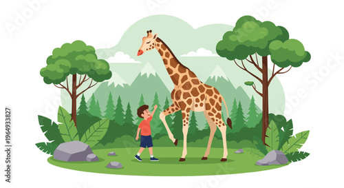 Young boy in a red shirt standing next to a tall giraffe in a beautiful forest landscape with evergreen trees and distant snowy mountains.