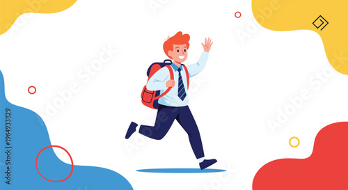 Happy young schoolboy with a red backpack running excitedly and waving his hand against a white background with colorful abstract shapes.