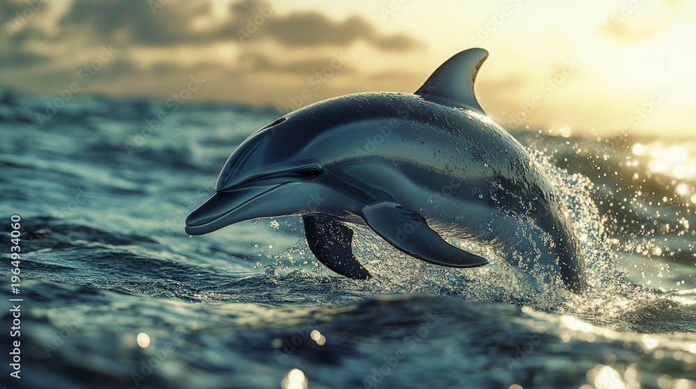 Obraz premium dolphin emerging from water, droplets suspended mid air, generative ai