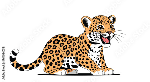 Small cartoon leopard cub with spotted fur and an open mouth roaring while sitting on a plain white background in a fun animal vector.