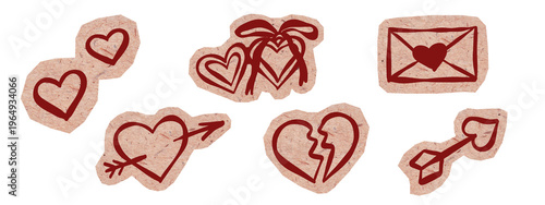 Foto Hand-drawn red heart doodle set on torn kraft paper stickers for scrapbooking