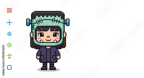 Pixel art character of a little girl wearing a green Frankenstein monster costume standing on a white background with colorful icons.