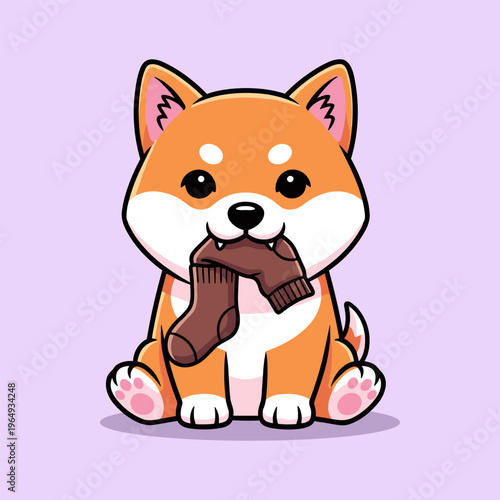 Cute shiba inu puppy holding bone