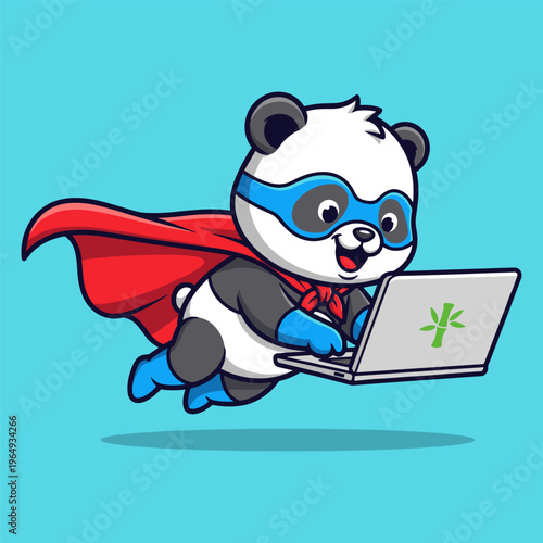 Superhero panda working on laptop