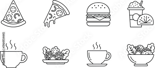 Food and Drink Icon Set with Pizza, Burger, Salad, Coffee, and Ice Cream for Restaurant, Menu, and Catering Designs