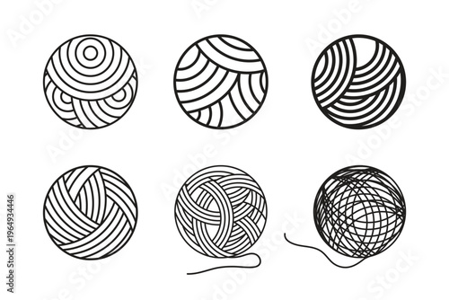 Yarn Ball Line Art Set, Knitting Wool Thread Circular Patterns Collection