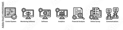 Project Control web banner icon vector illustration with icons of Control System,Monitoring Software,Software,Analytics,Financial Analysis,Online Survey and Communications