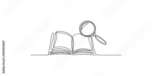 A line drawing of an open book with a magnifying glass on top of it