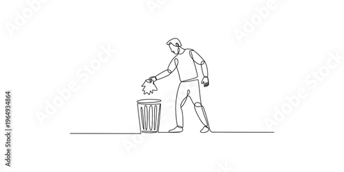 Man throwing paper into trash can in one line drawing style single art adult person