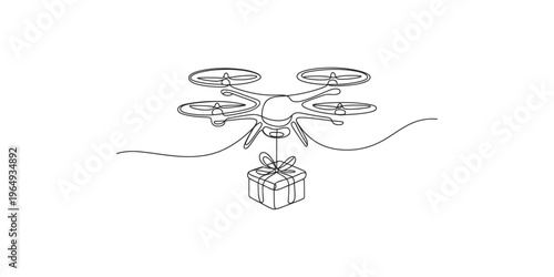 Drone delivering a gift box with a bow delivery present ribbon package online shopping e-commerce