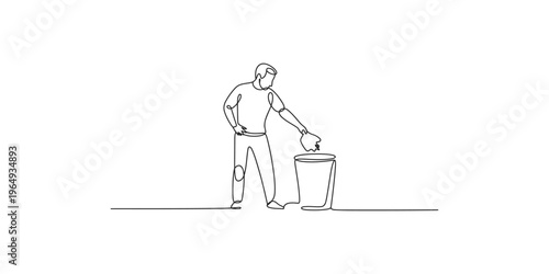 Man throwing paper in trash can in one line drawing style single art person waste