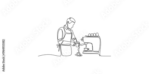 Continuous line drawing of a man making coffee single art barista apron machine espresso beans