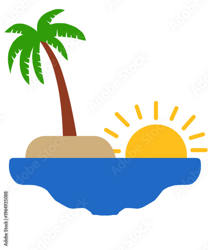 Sunset at tropical beach with palm tree on small island for romantic travel and vacation design