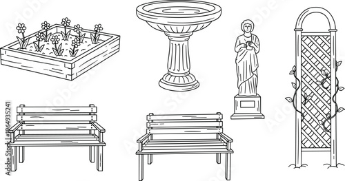 Garden Furniture and Decor Set with Bench, Fountain, Statue, and Trellis for Outdoor Landscaping Designs