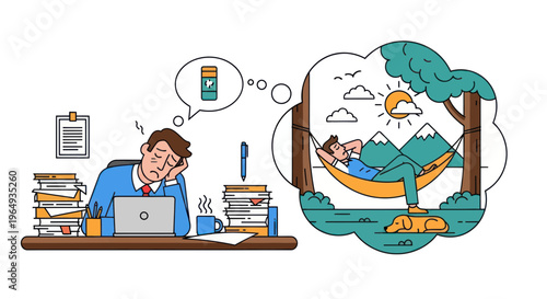 Tired businessman dreaming of vacation, relaxation, nature, and freedom from work stress.