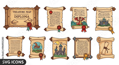 Vintage Scroll Collection: Treasure Map, Diploma, Dragon, Castle Illustrations