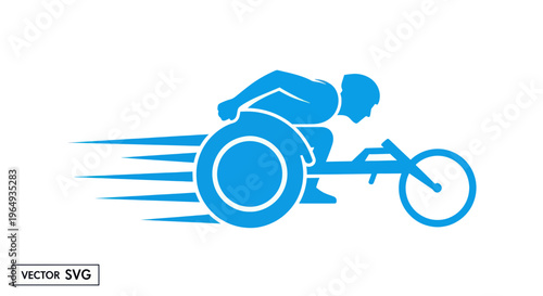 Athlete in wheelchair racing with motion blur effect, blue icon
