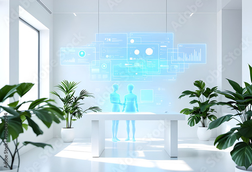 A diverse group of professionals collaborating remotely using holographic screens and AI assistants in a minimalist workspace with plants