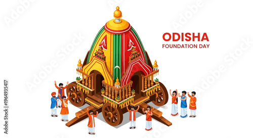 Illustration of a traditional Odisha chariot with people gathered around, celebrating Odisha Foundation Day with vibrant colors and cultural elements.