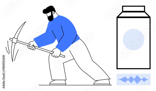 Data mining concept. Worker with pickaxe visualizing data extraction and blockchain. Data mining in machine learning, blockchain verification, and tech innovation for digital industries
