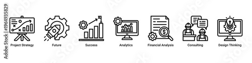 Strategy Growth web banner icon vector illustration with icons of Project Strategy,Future,Success,Analytics,Financial Analysis,Consulting and Design Thinking