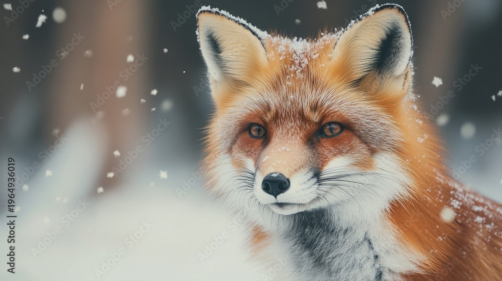 Obraz premium fox in snowy forest, snowflakes on fur, generative ai