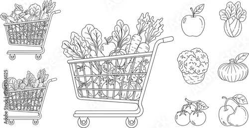 Grocery Cart with Fresh Vegetables and Fruits for Shopping and Healthy Eating Illustrations