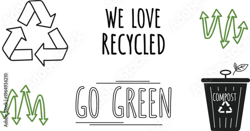 Hand drawn ecology vector set featuring go green typography recycle symbols green arrows and compost bin illustrations,