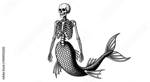 Macabre skeleton mermaid illustration with detailed scales a mythical creature