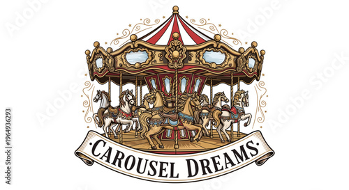 Vintage carousel horse illustration with carousel dreams text emblem on white