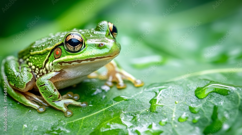 Fototapeta premium frog sitting on a wet leaf, visible water generative ai