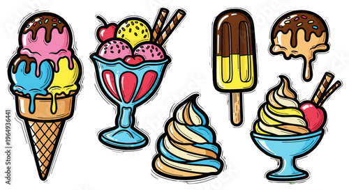 Assorted delicious ice cream desserts in cones bowls and popsicles with chocolate