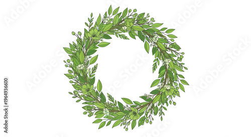 Green Leafy Wreath with White Flowers - Nature's Spring Garland Design