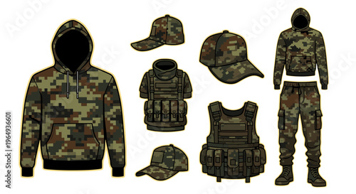 Camouflage military clothing and tactical gear set including hoodie vests and caps