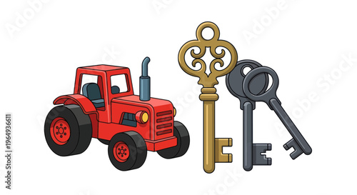 Red Tractor and Old Keys - Farm Access and Security Concept