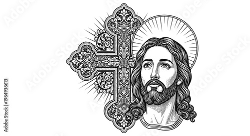 Jesus Christ Portrait with Ornate Cross and Radiant Halo