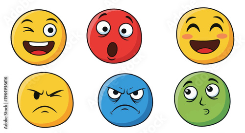 Set of cartoon faces expressing different emotions, happiness, anger, surprise, sadness