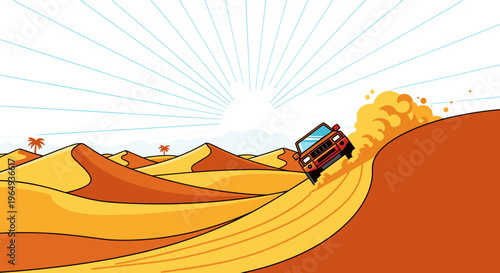 Off road vehicle driving dynamically through sand dunes kicking up dust