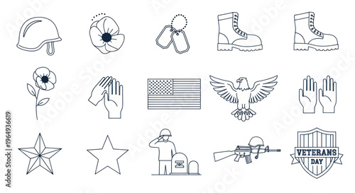 Veterans Day Icons: Soldier, Flag, Poppy, Eagle, Boots, Helmet, Dog Tags